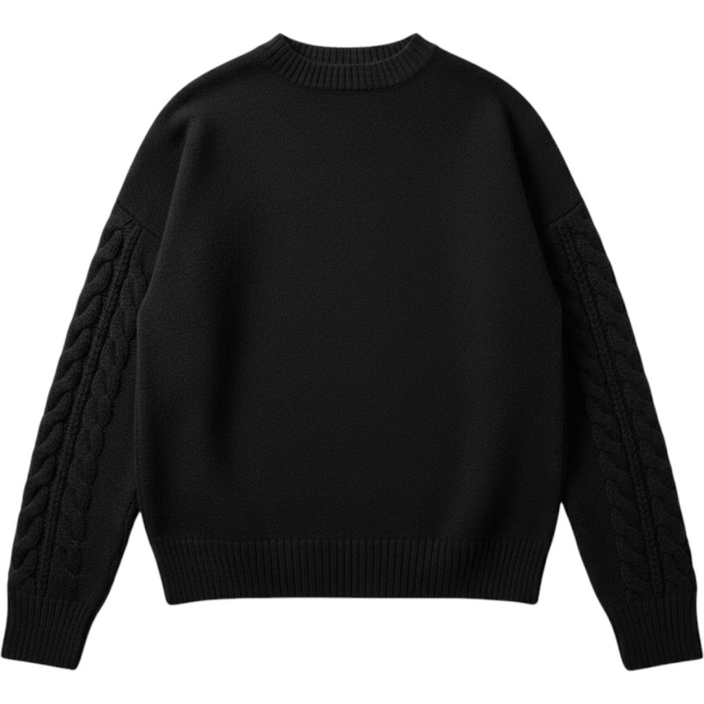 Zara Knit Womens Black Mixed Cable Knit Sleeve Crewneck Sweater Size large
